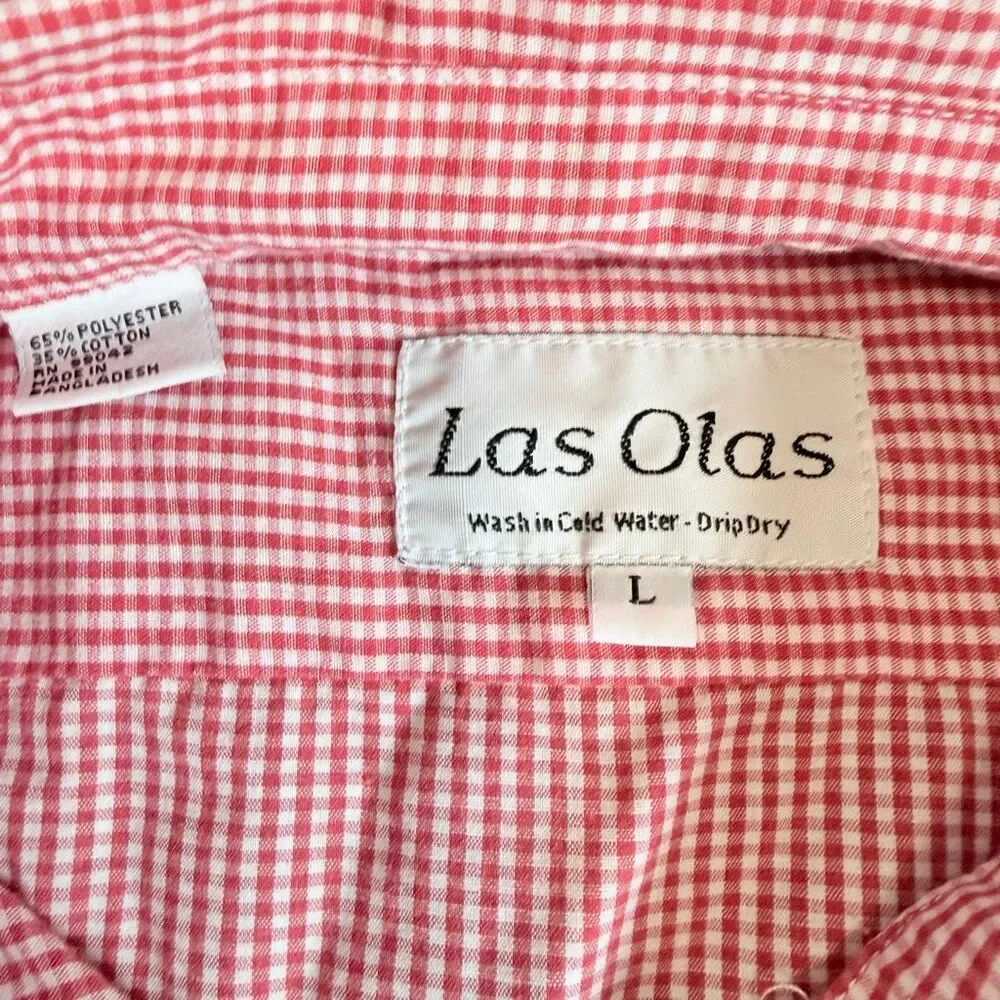 Las Olas VTG Librarian Plaid Gingham Checkered Button Down Top Large Red